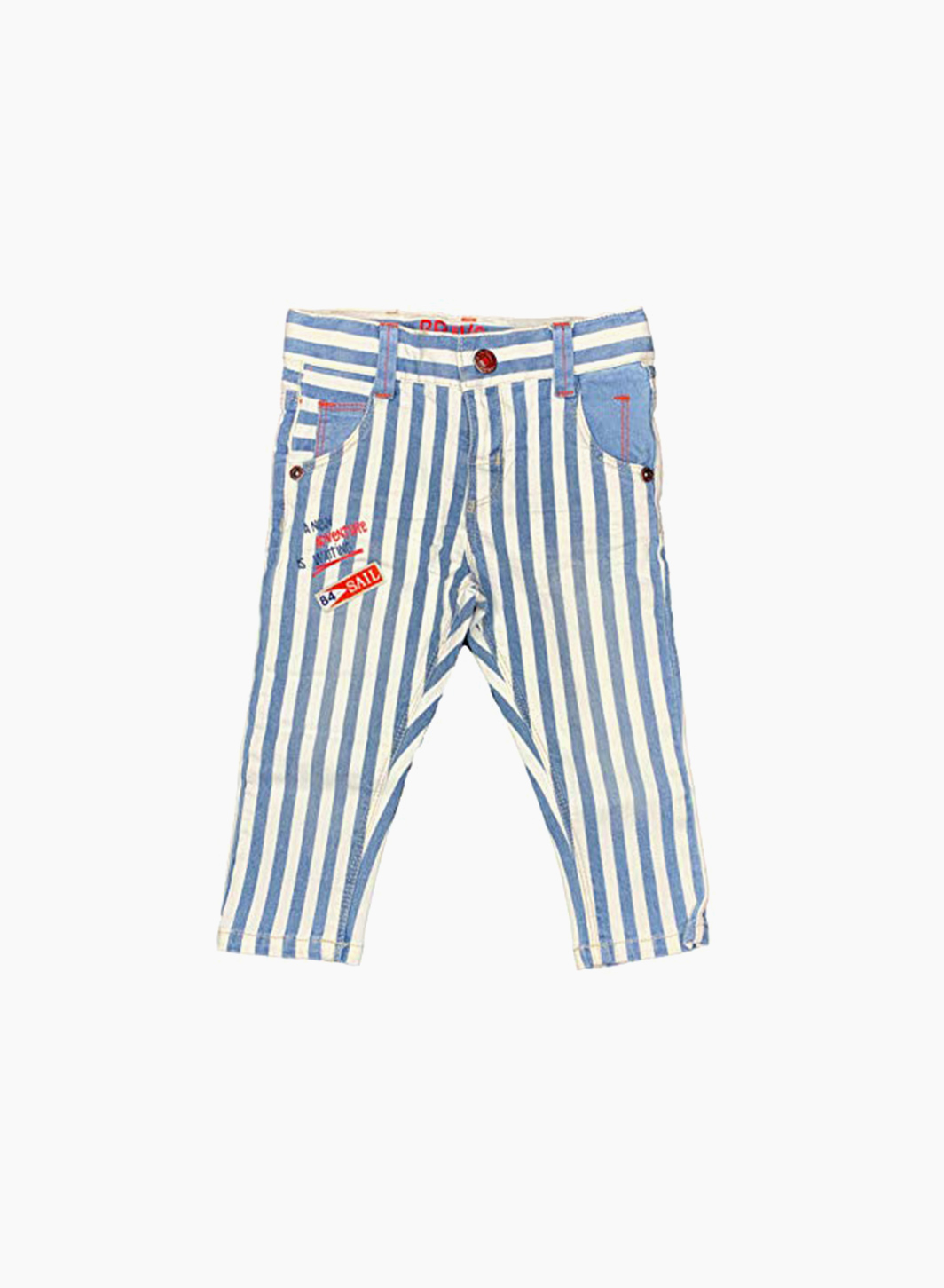 Striped trousers with "A new adventure is waiting" lettering