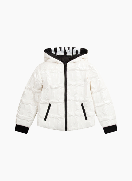 Reversible jacket with DKNY logo on the hood.