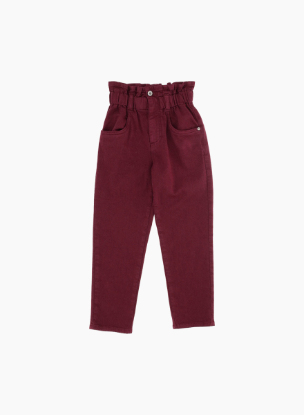 Burgundy jeans with elastic at the waist