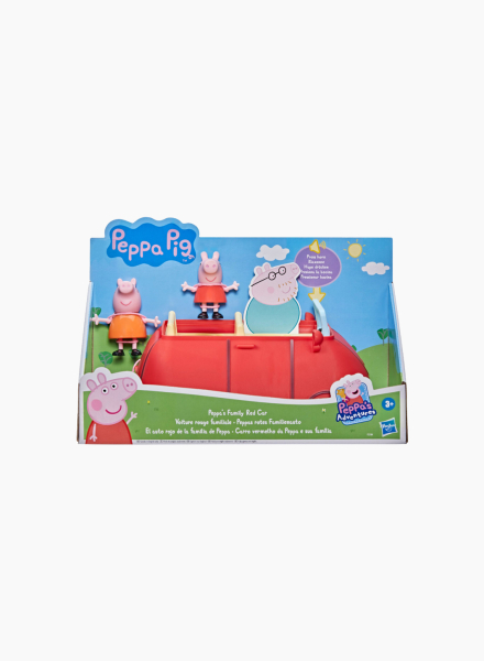 Cartoon figure Peppa Pig and family red car