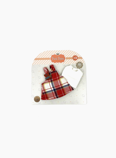 T-shirt and sundress in a checkered pattern with a badge for 32 cm dolls