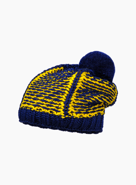 Knitted Hat with Blue Pom Pom