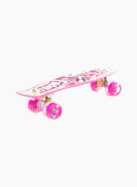 Pink skateboard with sticker 56 sm