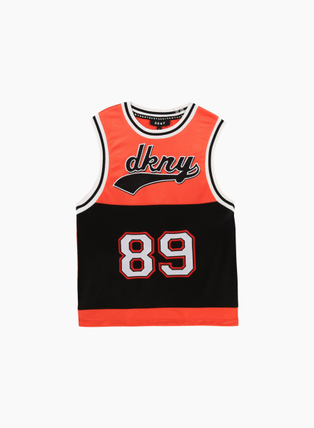Basketball T-shirt with embroidered DKNY and "89" patches